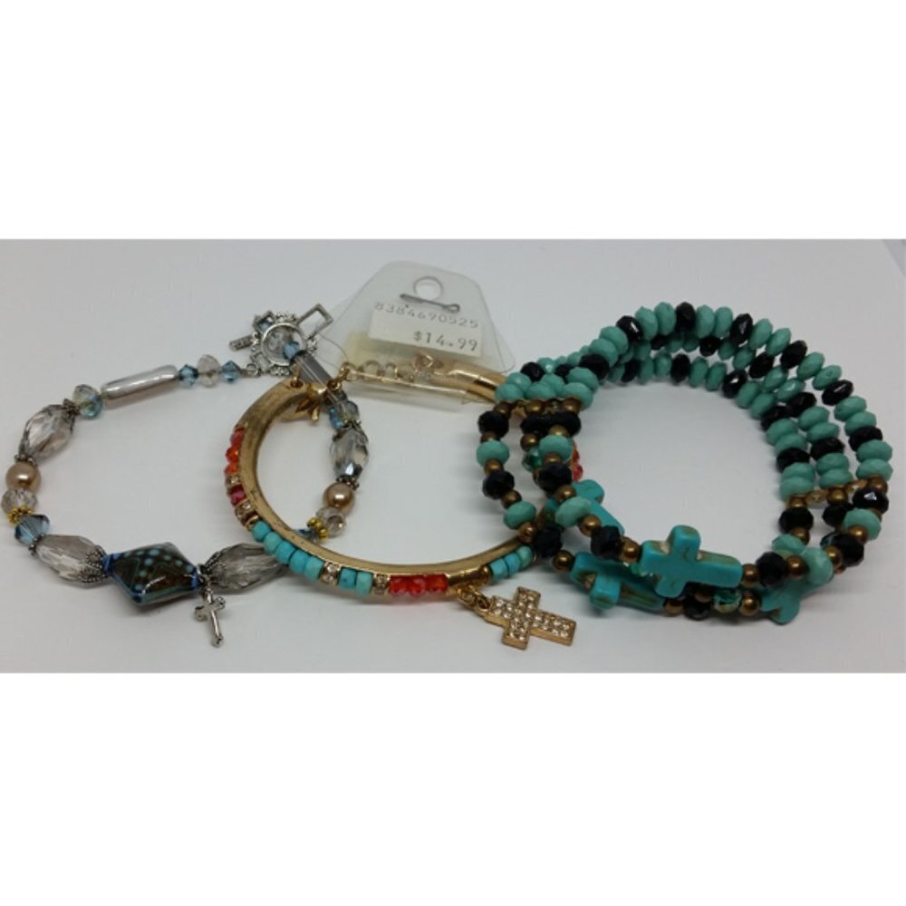 Bundle Lot 3 Cross Charm Beaded Bracelets Variety Layering Stackable 15$